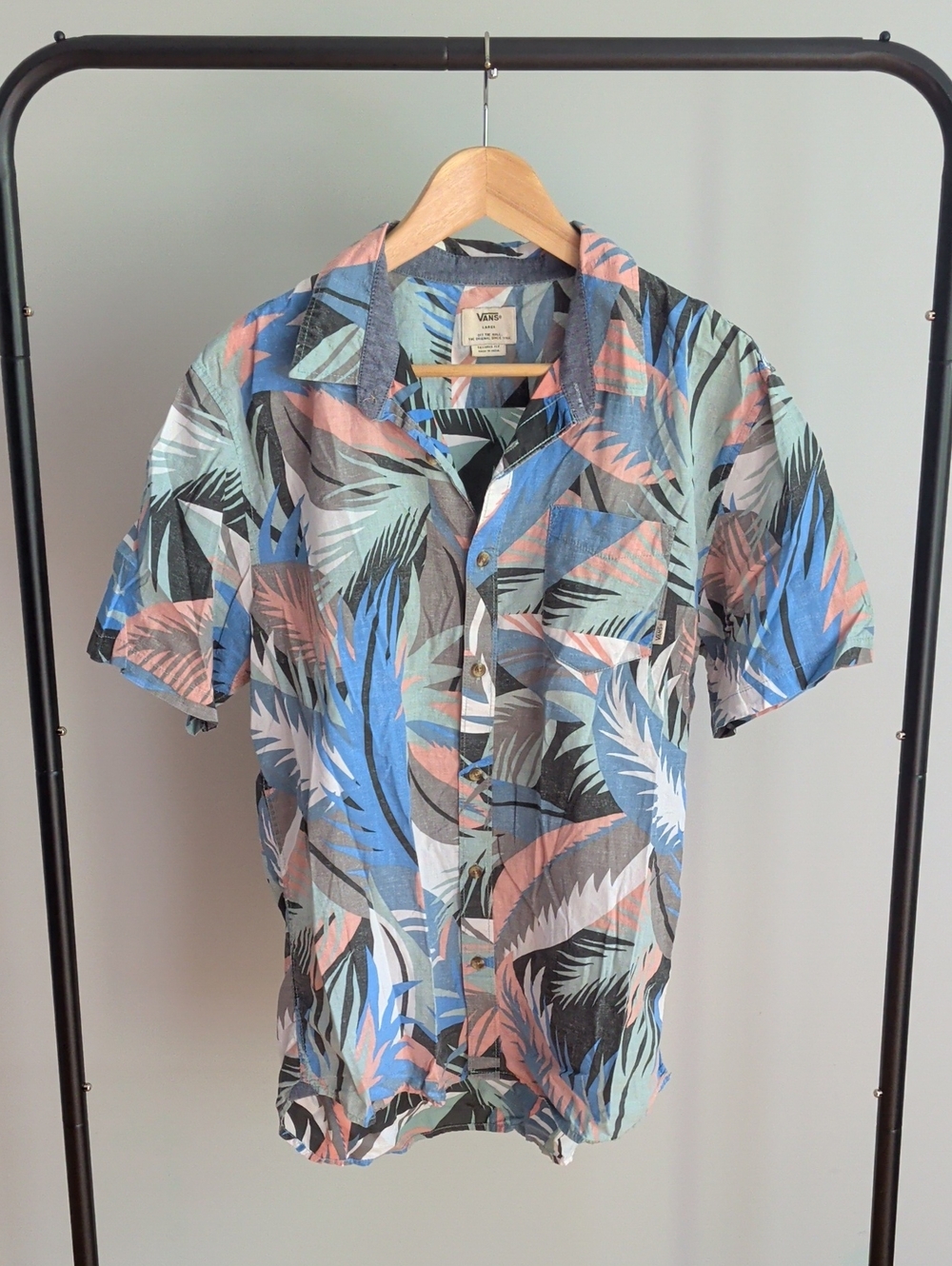 Vans Men’s Short-Sleeve Button-Down Shirt — Blue, Gray, Pink Tropical Print